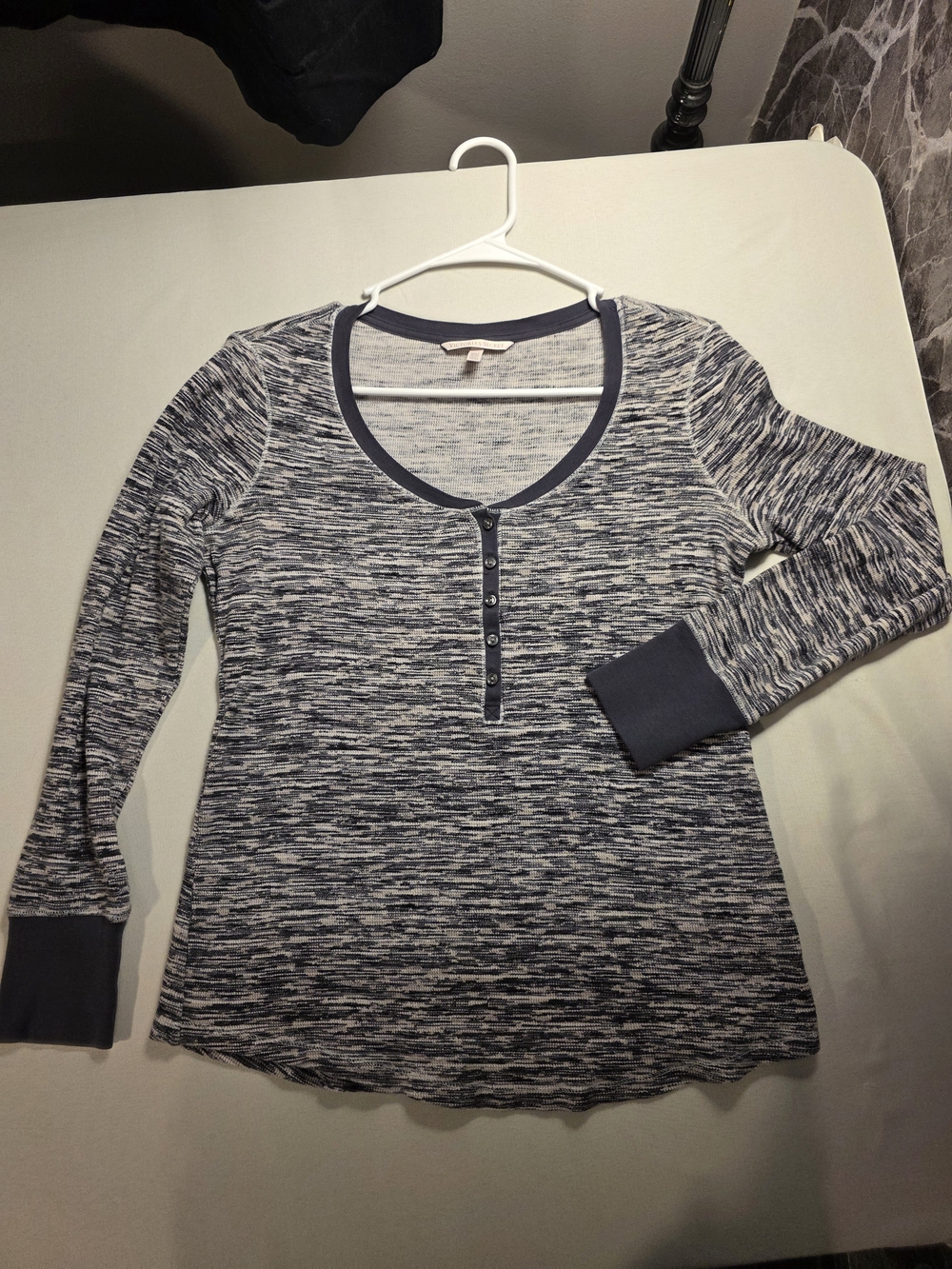 Victoria's Secret Navy and White Space-Dye Henley Long Sleeve Top